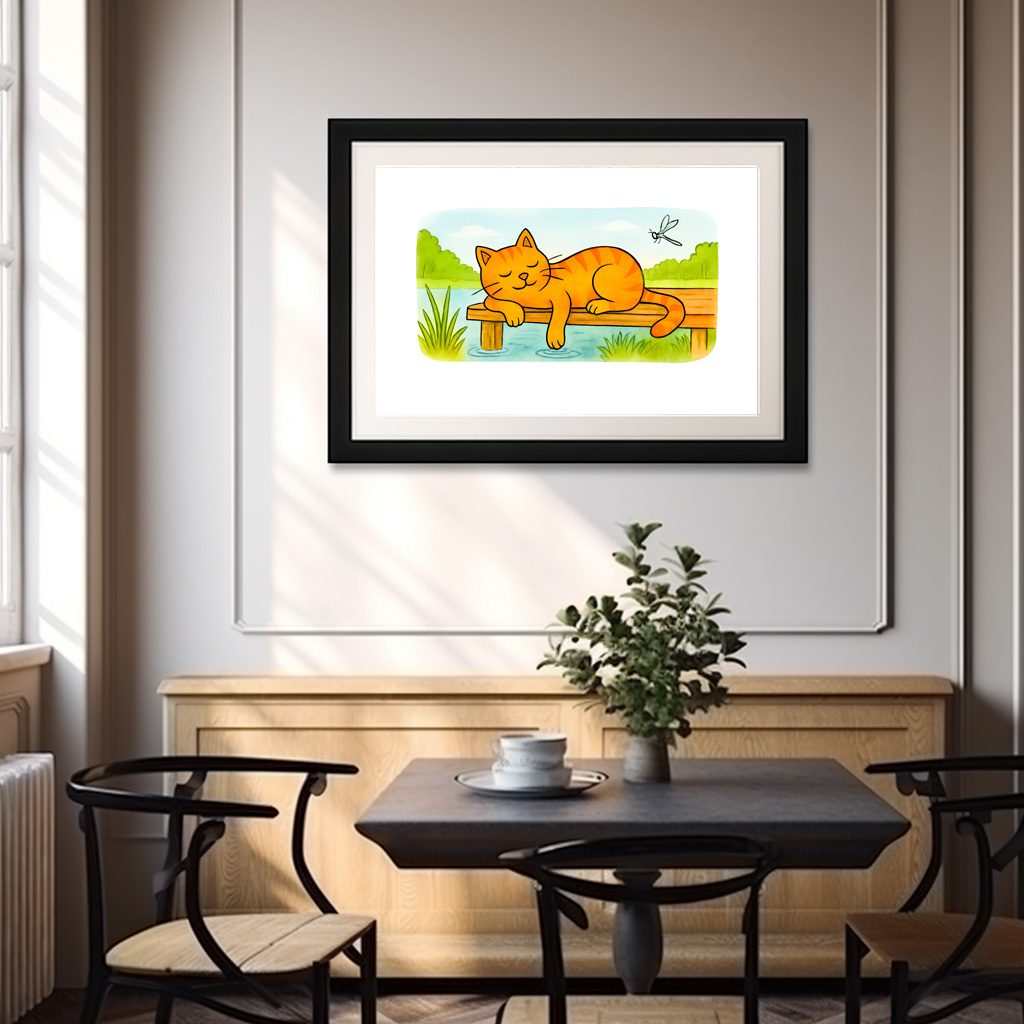 Poster: Cute Cartoon Cat Resting on Wooden Dock - Image 2