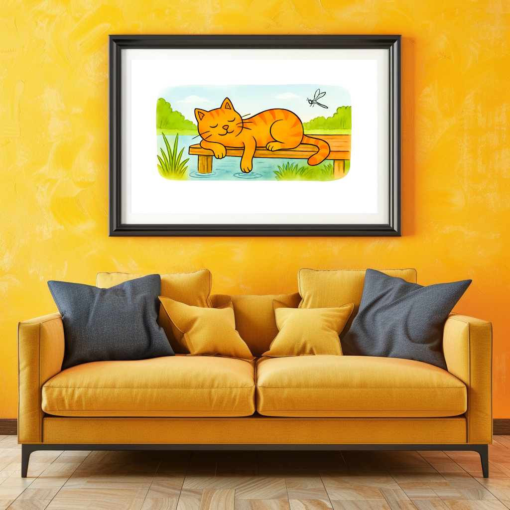 Poster: Cute Cartoon Cat Resting on Wooden Dock - Image 3