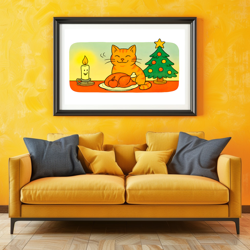 Poster: Cute Cartoon Cat Sitting by Christmas Candle