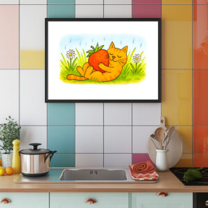Poster: Playful Cartoon Cat Hugging Big Strawberry