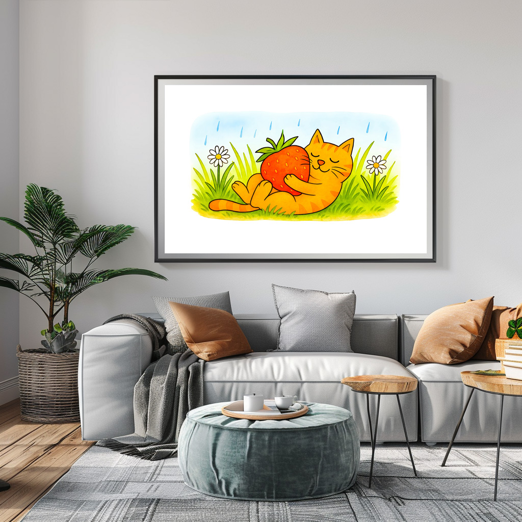 Poster: Playful Cartoon Cat Hugging Big Strawberry - Imagen 2