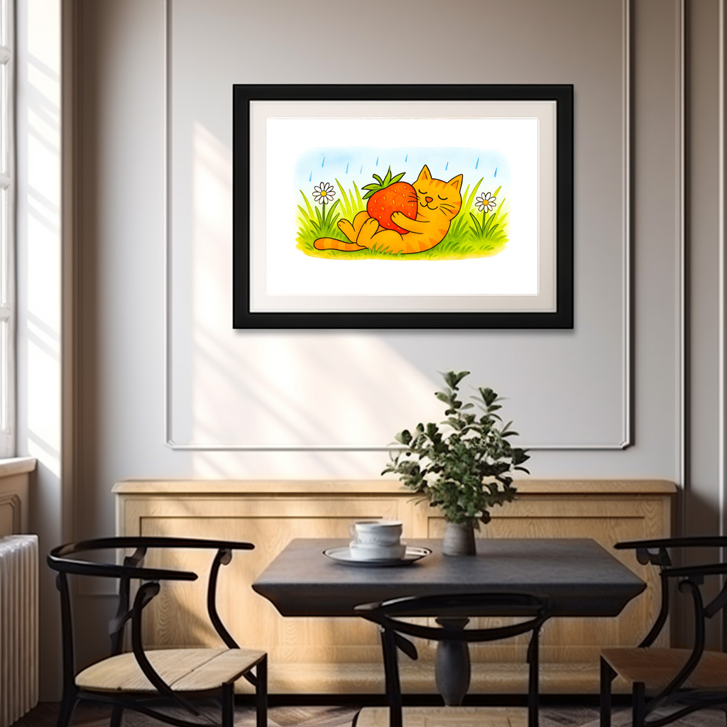 Poster: Playful Cartoon Cat Hugging Big Strawberry - Imagen 3