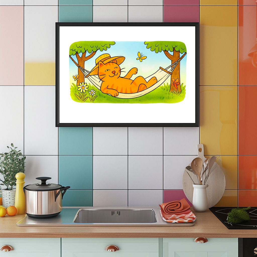Poster: Cute Cartoon Cat Relaxing in Garden Hammock