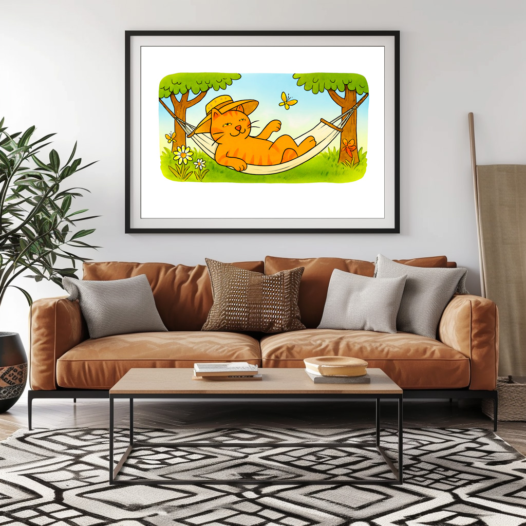 Poster: Cute Cartoon Cat Relaxing in Garden Hammock – Image 2