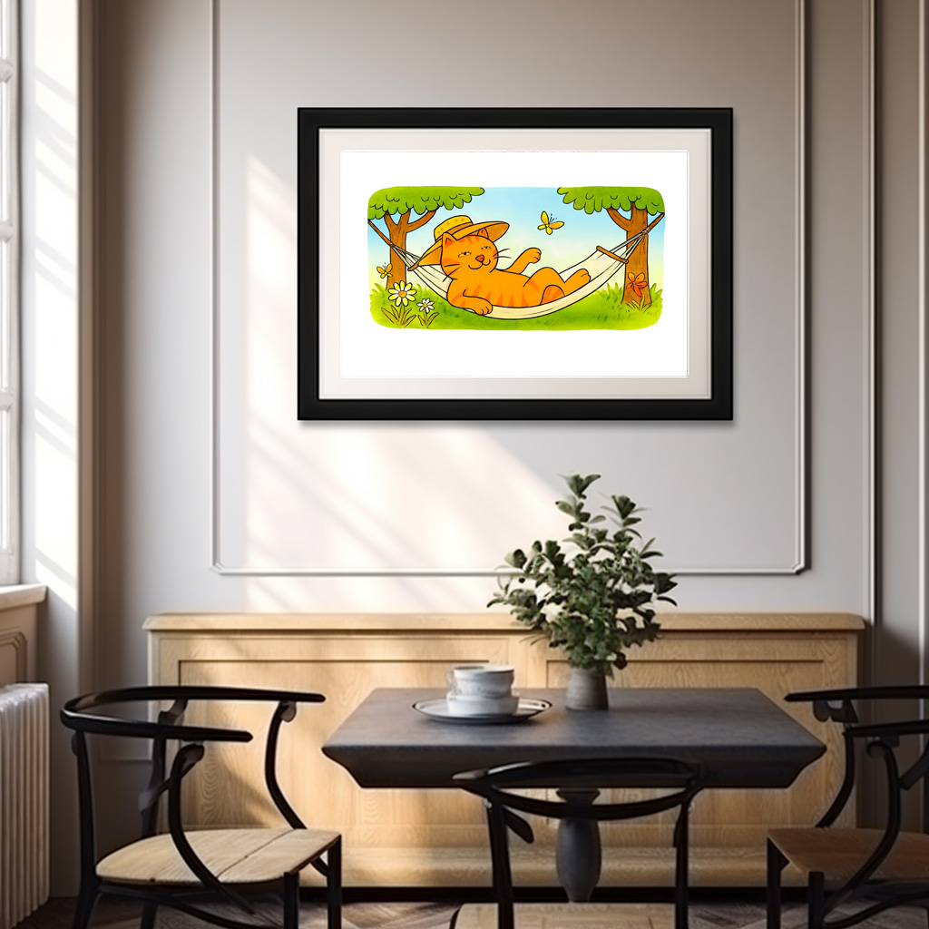 Poster: Cute Cartoon Cat Relaxing in Garden Hammock – Image 3