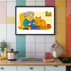 Poster: Cute Cartoon Cat Resting on Knitting Grandma