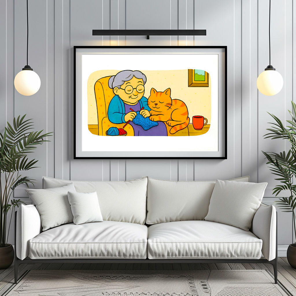 Poster: Cute Cartoon Cat Resting on Knitting Grandma - Imagen 2