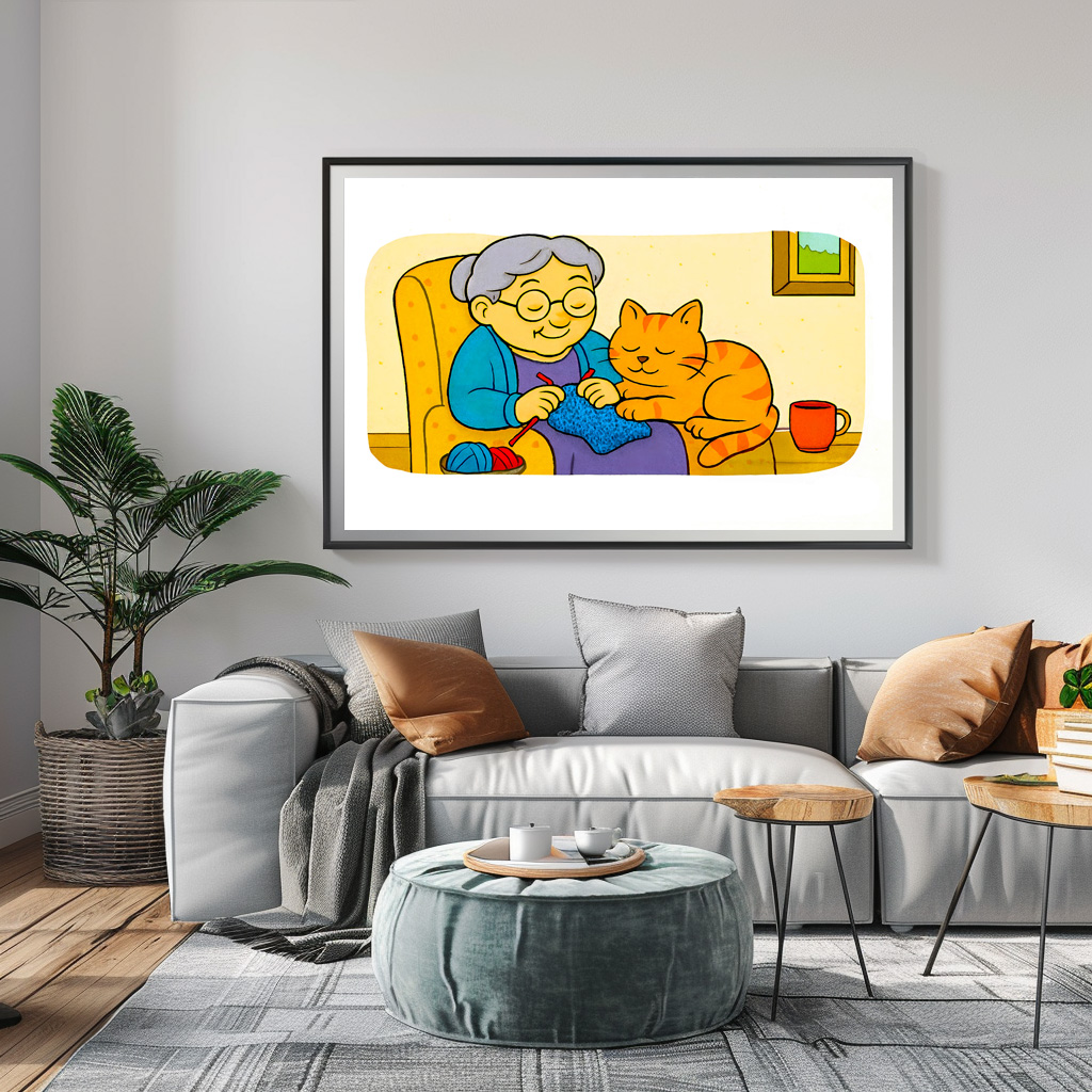 Poster: Cute Cartoon Cat Resting on Knitting Grandma - Imagen 3