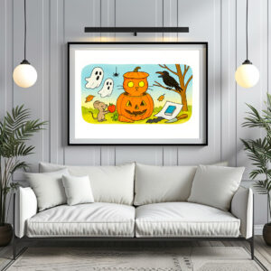 Poster: Cute Cartoon Cat Sitting in Pumpkin Costume
