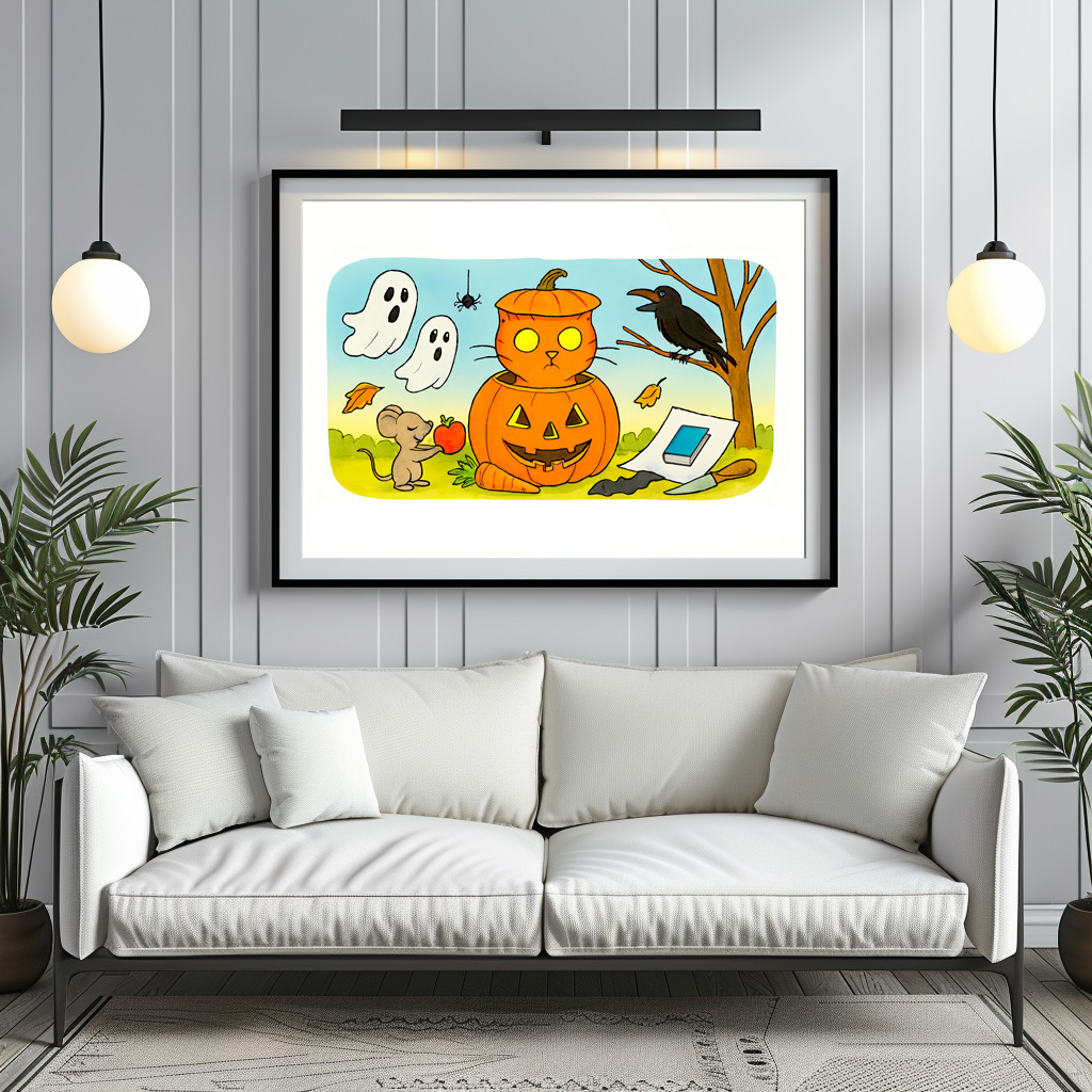 Poster: Cute Cartoon Cat Sitting in Pumpkin Costume