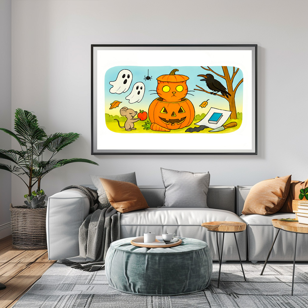 Poster: Cute Cartoon Cat Sitting in Pumpkin Costume - immagine 2