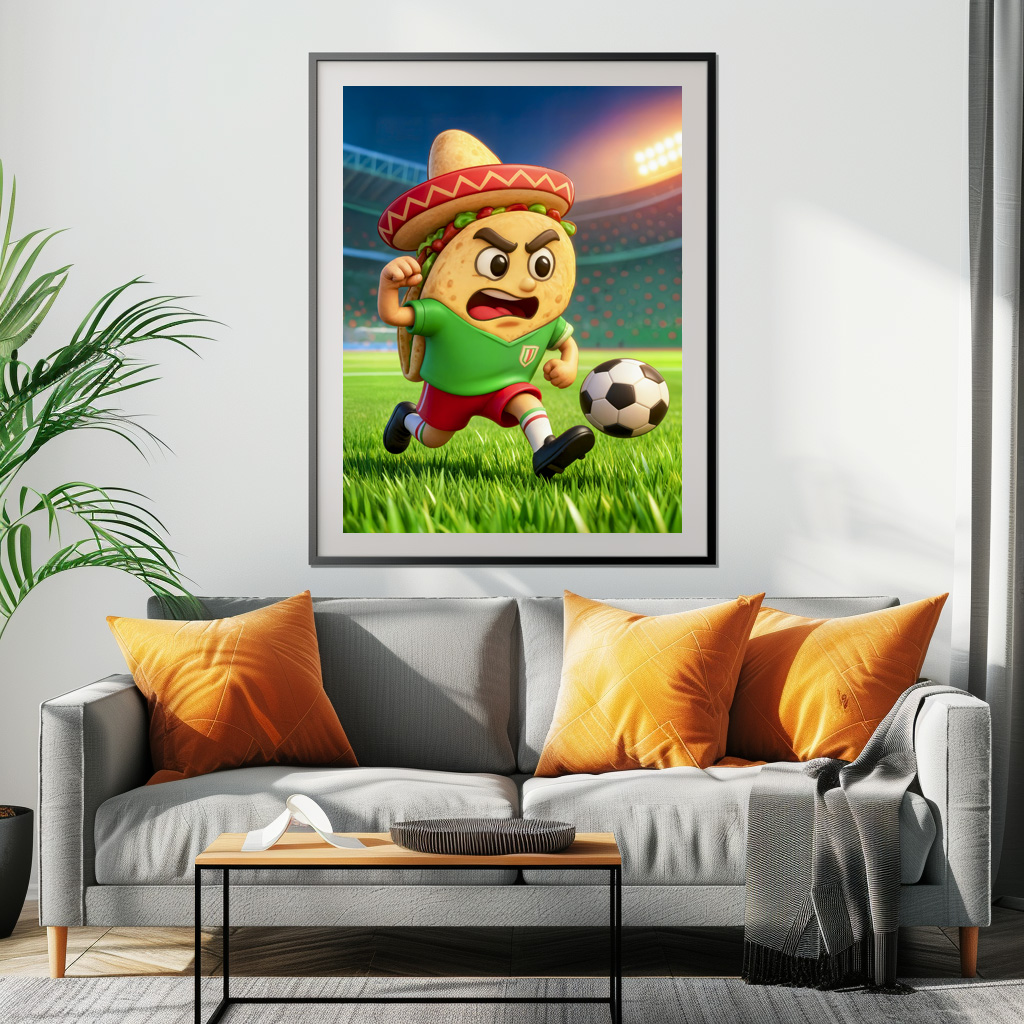 Poster: Mexican taco soccer player running across stadium
