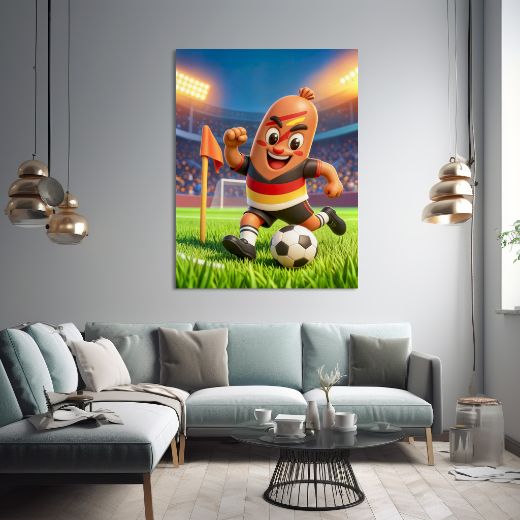 Poster: German bratwurst soccer player on football field