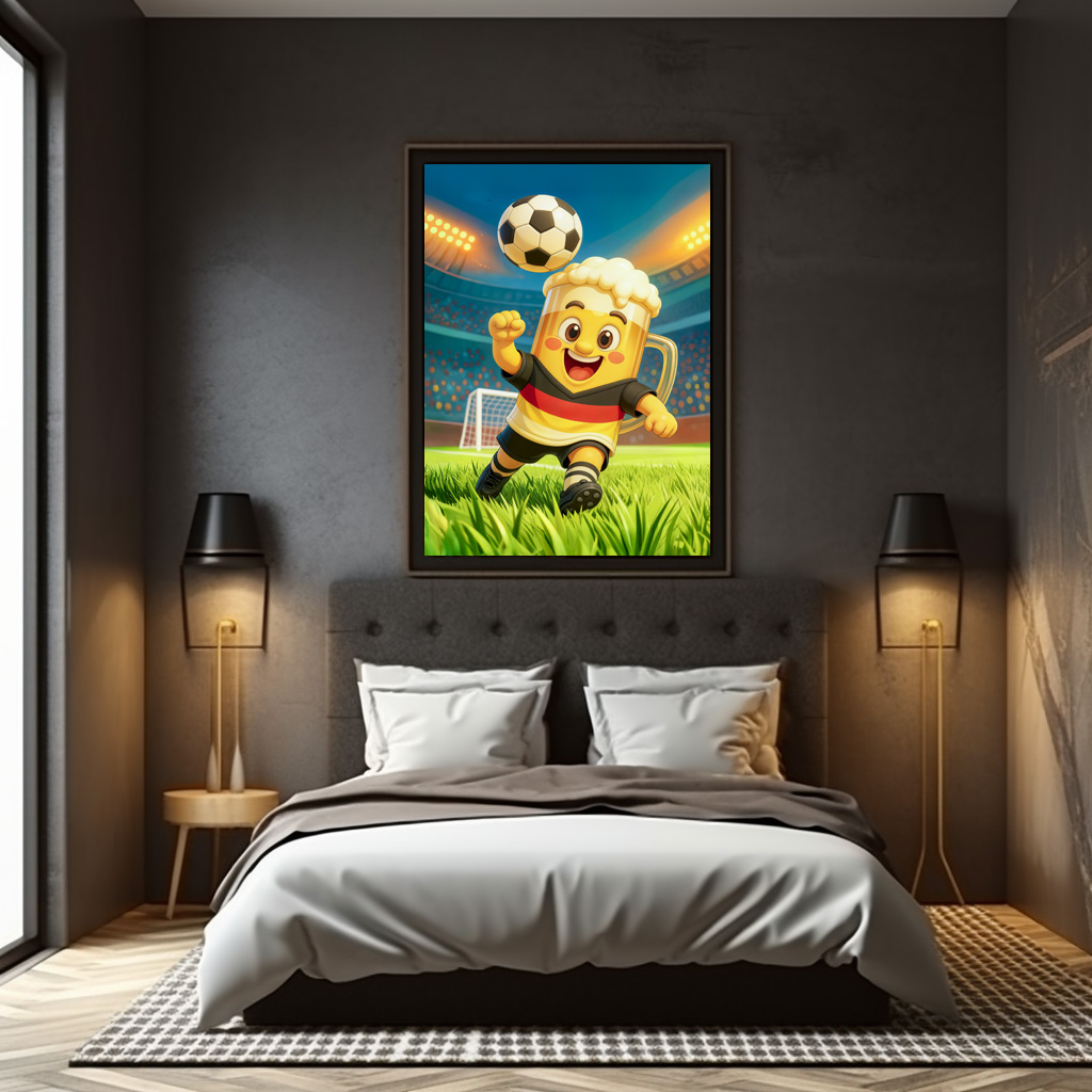 Poster: German beer mug soccer player jumping header