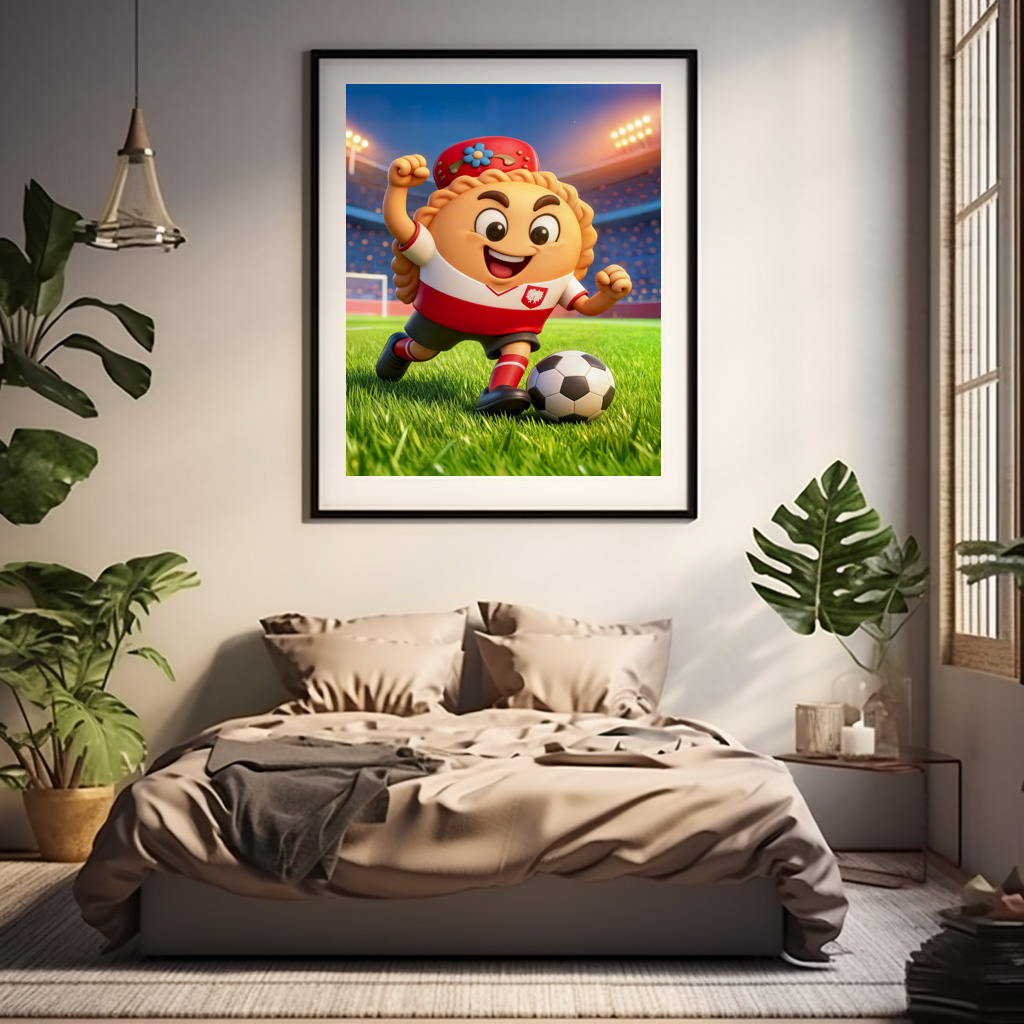 Poster: Polish pierogi soccer player on bright stadium field