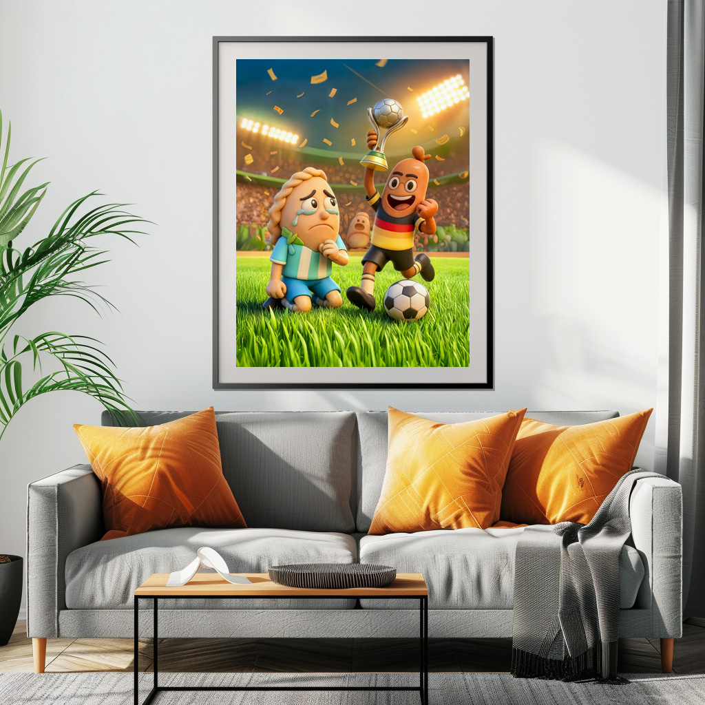 Poster: German bratwurst defeating Argentinian empanada soccer scene - Imagen 2
