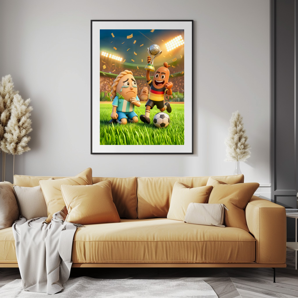 Poster: German bratwurst defeating Argentinian empanada soccer scene - Imagen 3