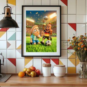Poster: German bratwurst defeating Argentinian empanada soccer scene
