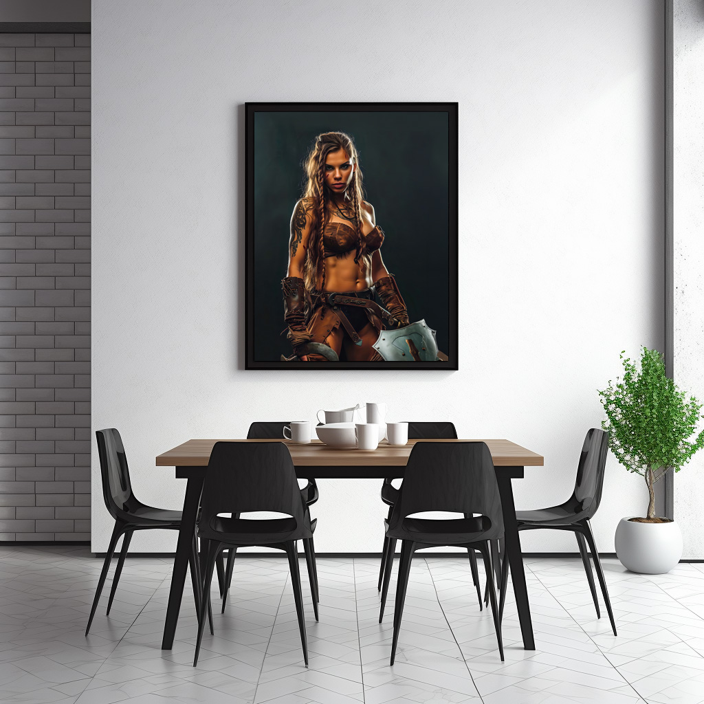Poster: Nordic War‑Maiden Ready With Axe And Shield