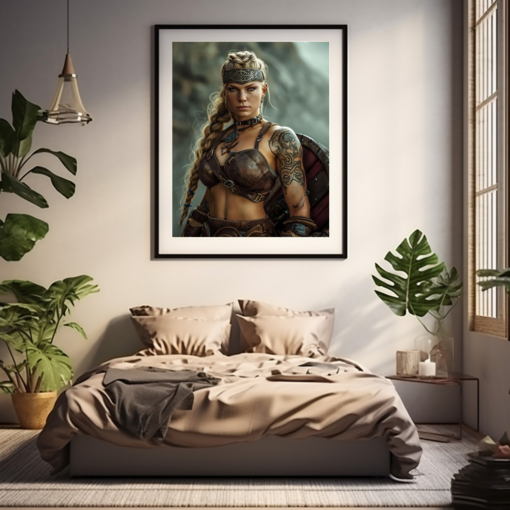 Poster: Resolute Viking Shieldmaiden Guarding With Her Battle Shield - immagine 2