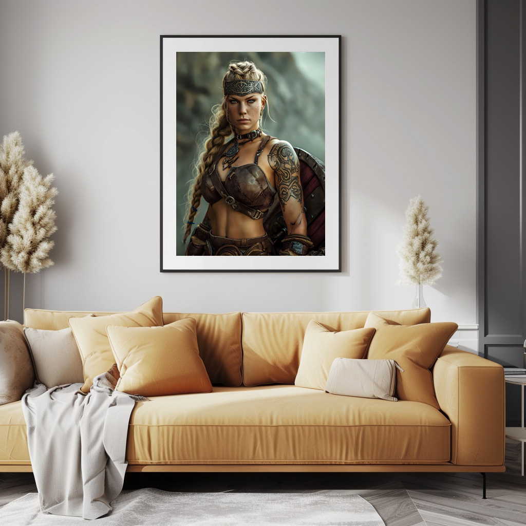 Poster: Resolute Viking Shieldmaiden Guarding With Her Battle Shield - immagine 3