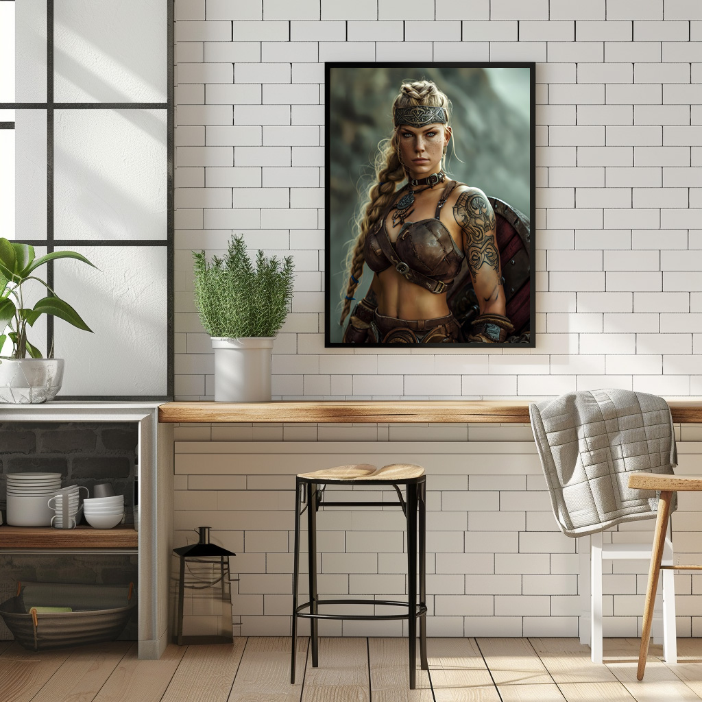 Poster: Resolute Viking Shieldmaiden Guarding With Her Battle Shield