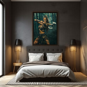 Poster: Relentless Viking Shieldmaiden Wielding Her Battle Axe