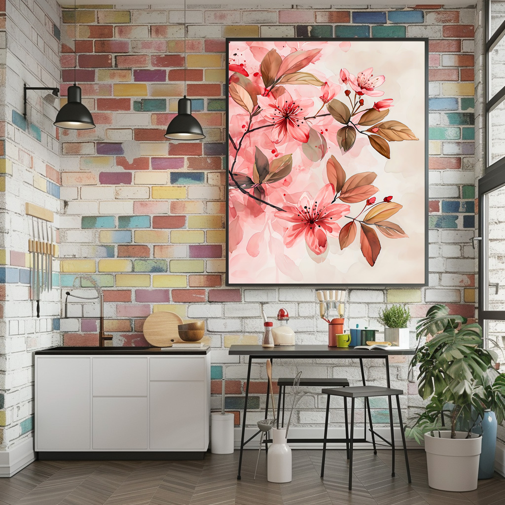 Poster: Pink Watercolor Blossoms With Soft Brown Leaves - immagine 2