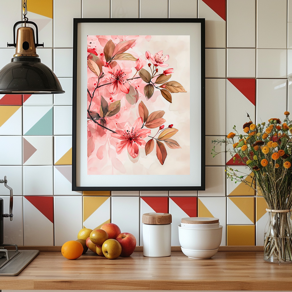 Poster: Pink Watercolor Blossoms With Soft Brown Leaves