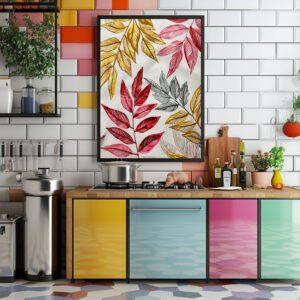 Poster: Dark Red Fern Leaves With Gold Accents