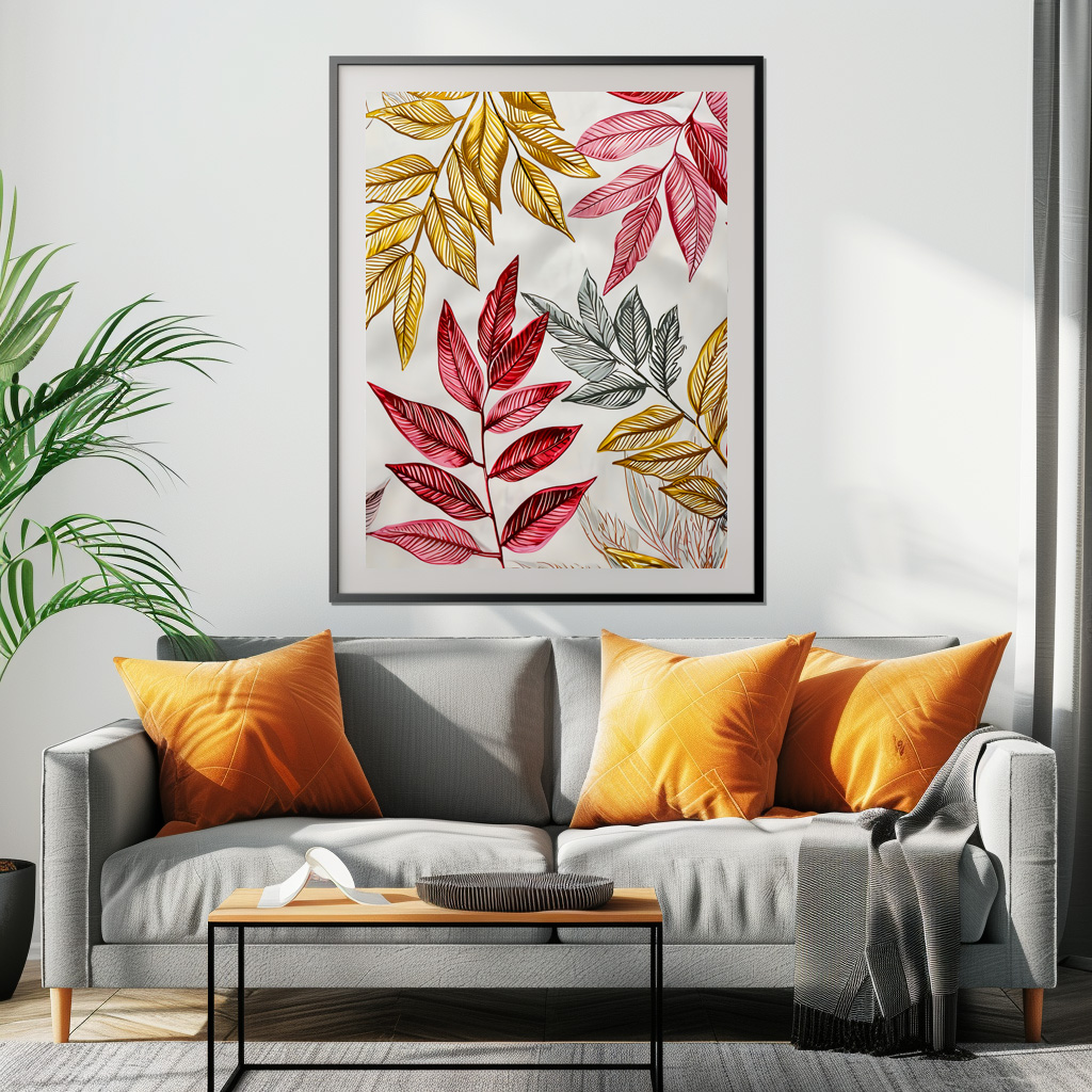 Poster: Dark Red Fern Leaves With Gold Accents - Image 2