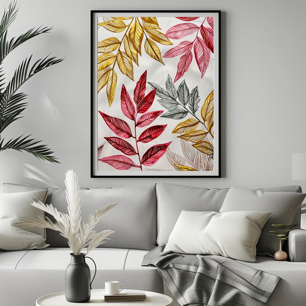 Poster: Dark Red Fern Leaves With Gold Accents - Image 3