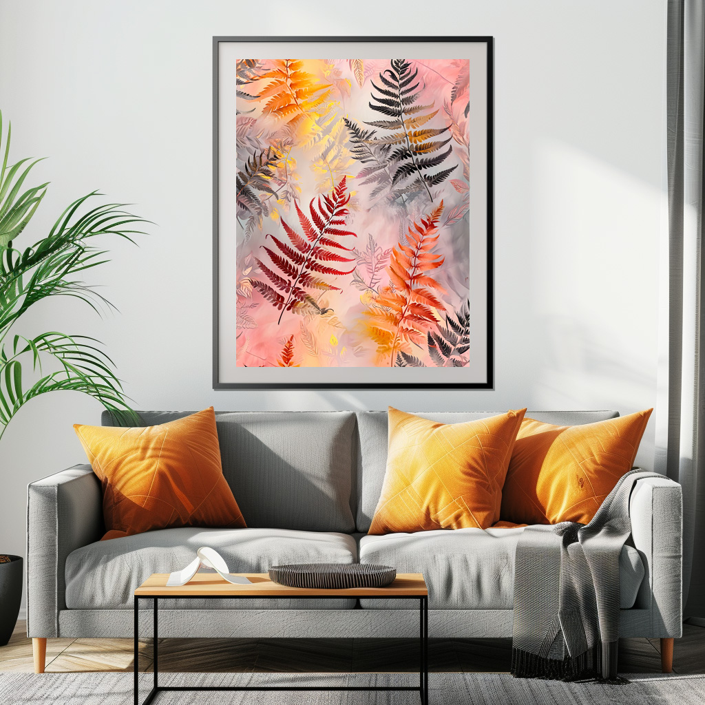 Poster: Dark Red Fern Leaves With Gold Accents On Pink Pastel Background – Image 2