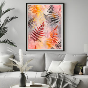 Poster: Dark Red Fern Leaves With Gold Accents On Pink Pastel Background
