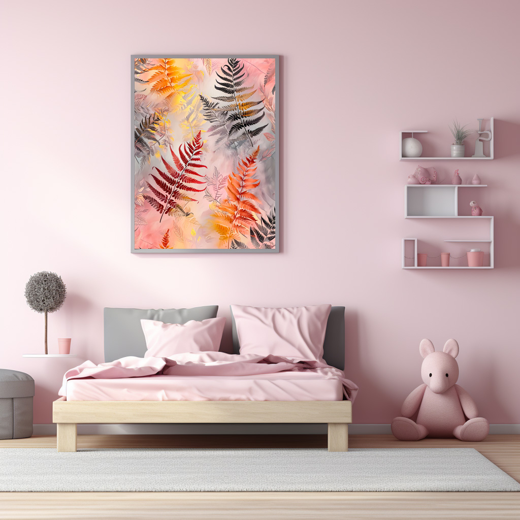 Poster: Dark Red Fern Leaves With Gold Accents On Pink Pastel Background – Image 3