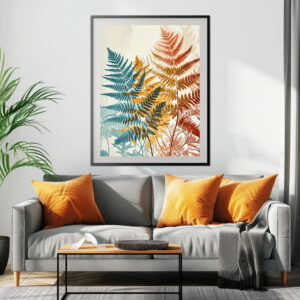 Poster: Pastel-Colored Watercolor Illustration of Vibrant Fern Leaves