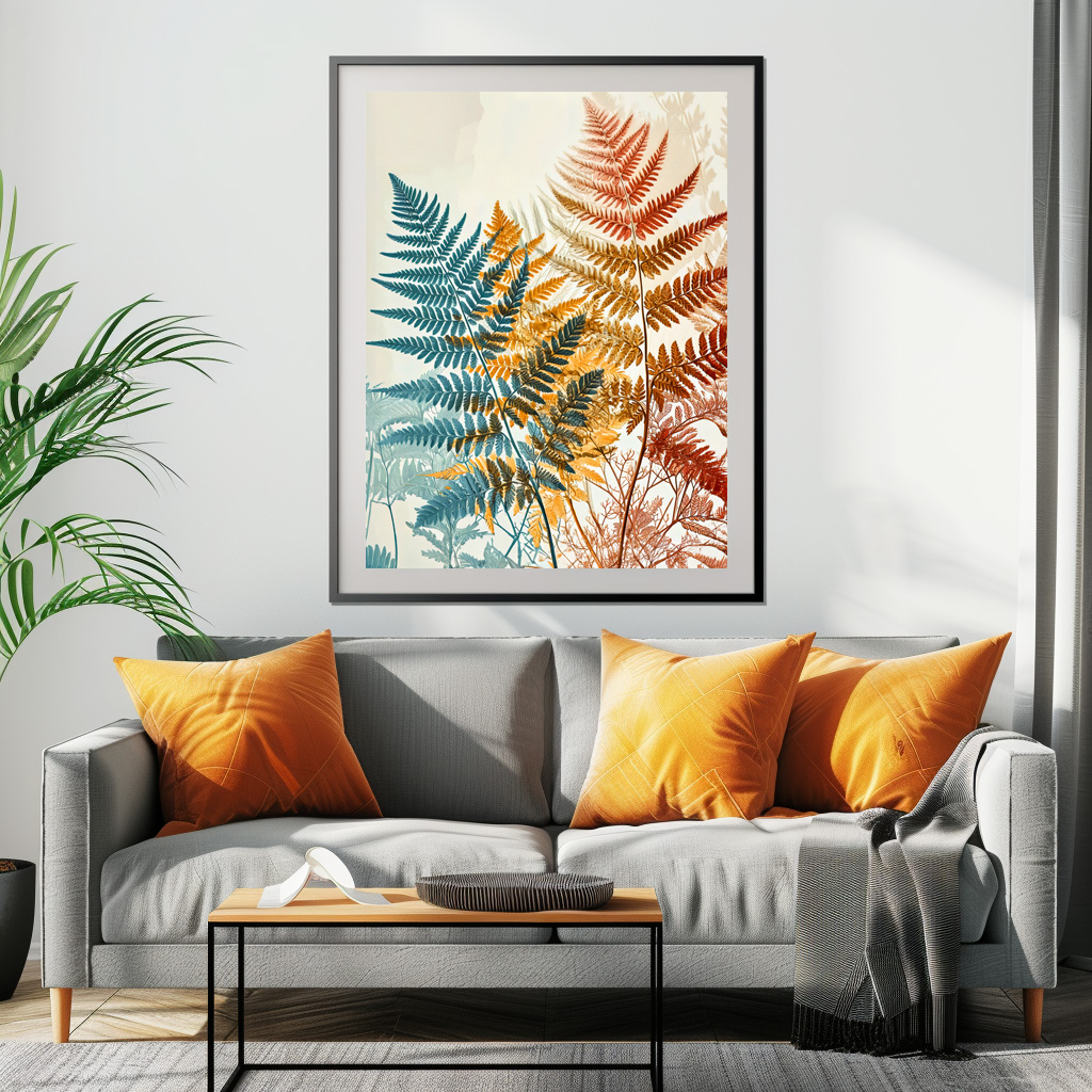 Poster: Pastel-Colored Watercolor Illustration of Vibrant Fern Leaves