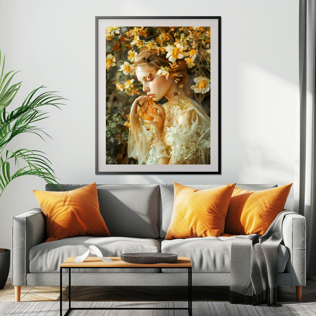 Poster: woman elegantly poses with honeybees and the sweet result of their labor, honey.