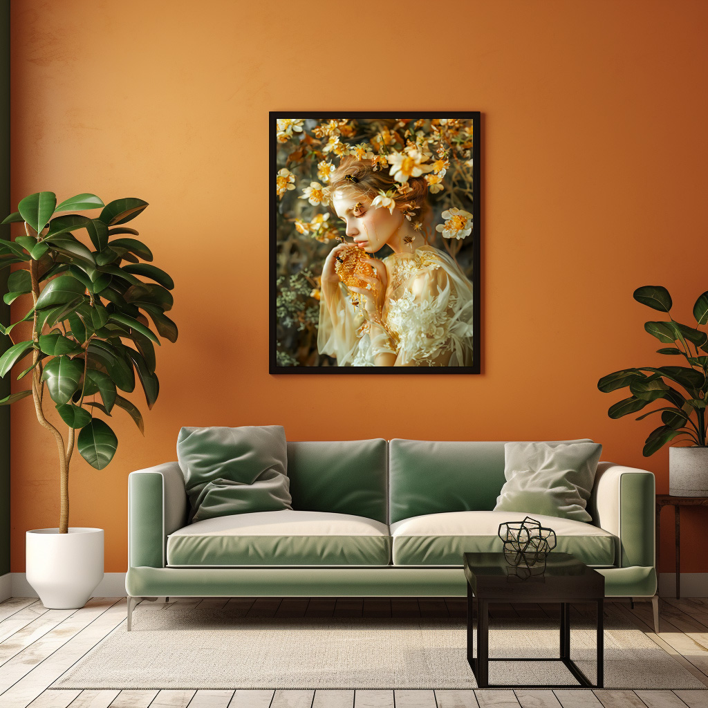Poster: woman elegantly poses with honeybees and the sweet result of their labor, honey. - Imagen 2