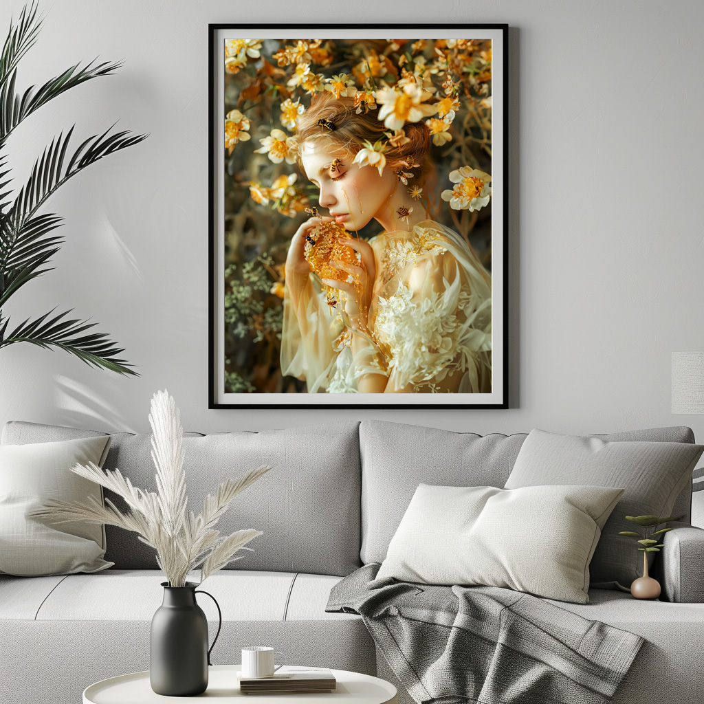 Poster: woman elegantly poses with honeybees and the sweet result of their labor, honey. - Imagen 3