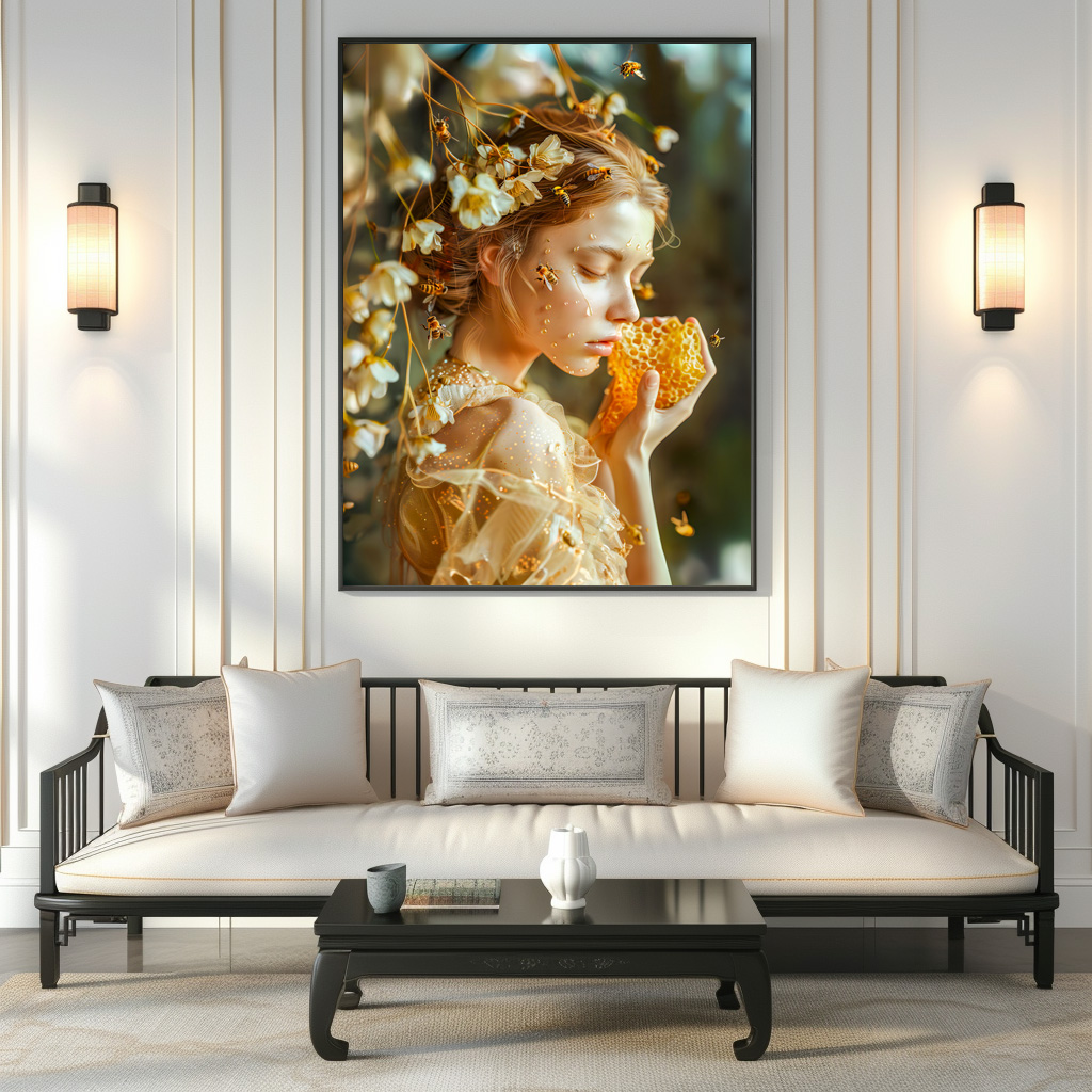 Poster: Queen Bee Woman Posing with Honeybees and Honey – Bild 2