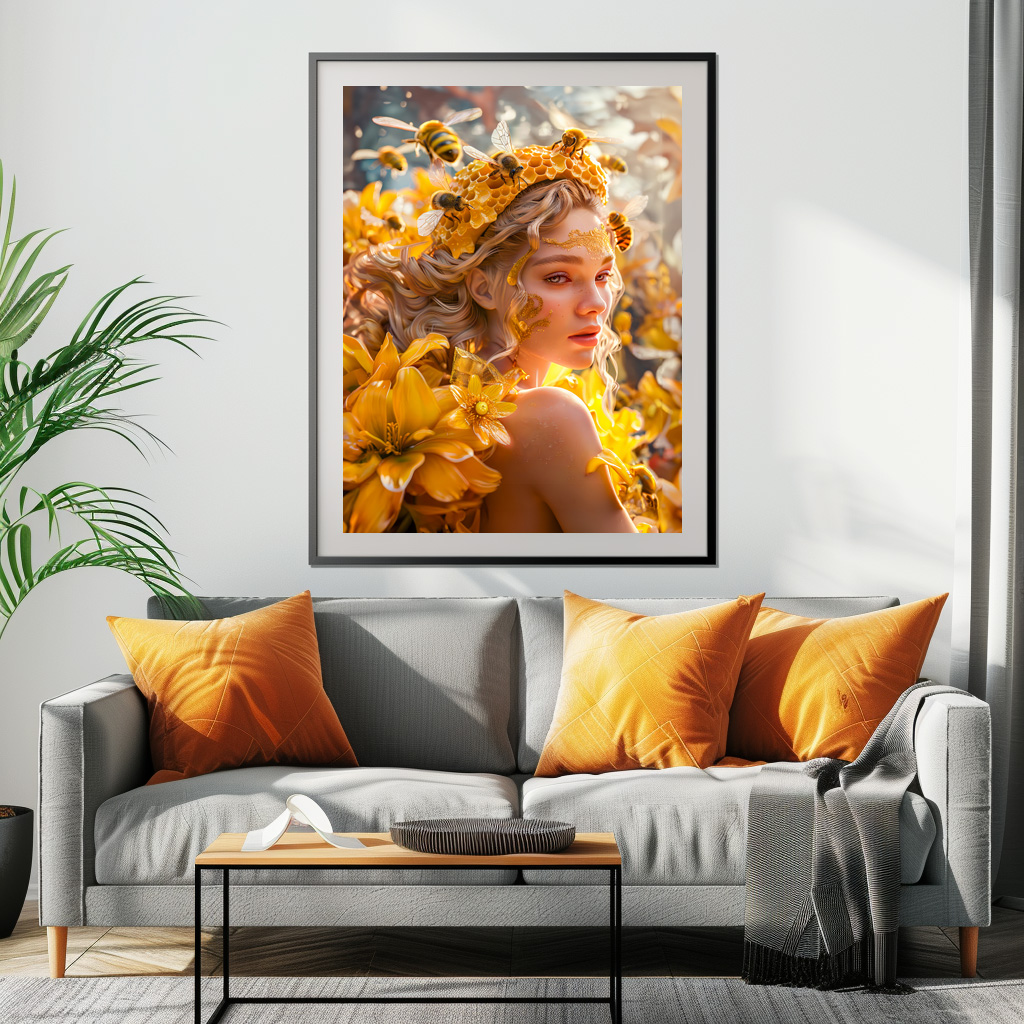 Poster: Queen Bee Woman Posing with Honeybees and Honey