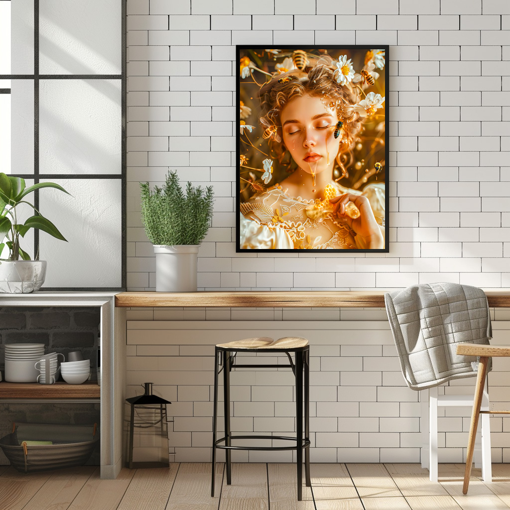 Poster: Queen Bee Woman Posing with Honeybees and Honey