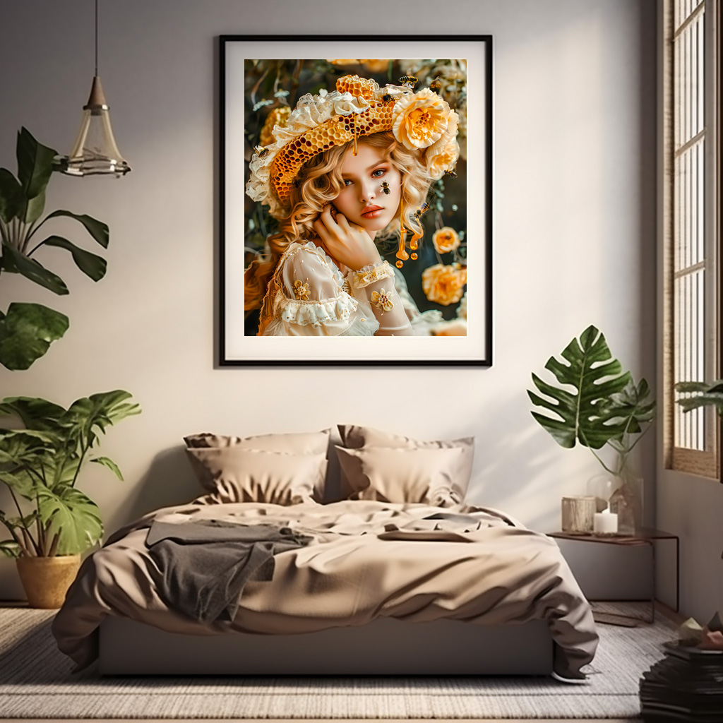 Poster: Queen Bee Woman Posing with Honeybees and Honey