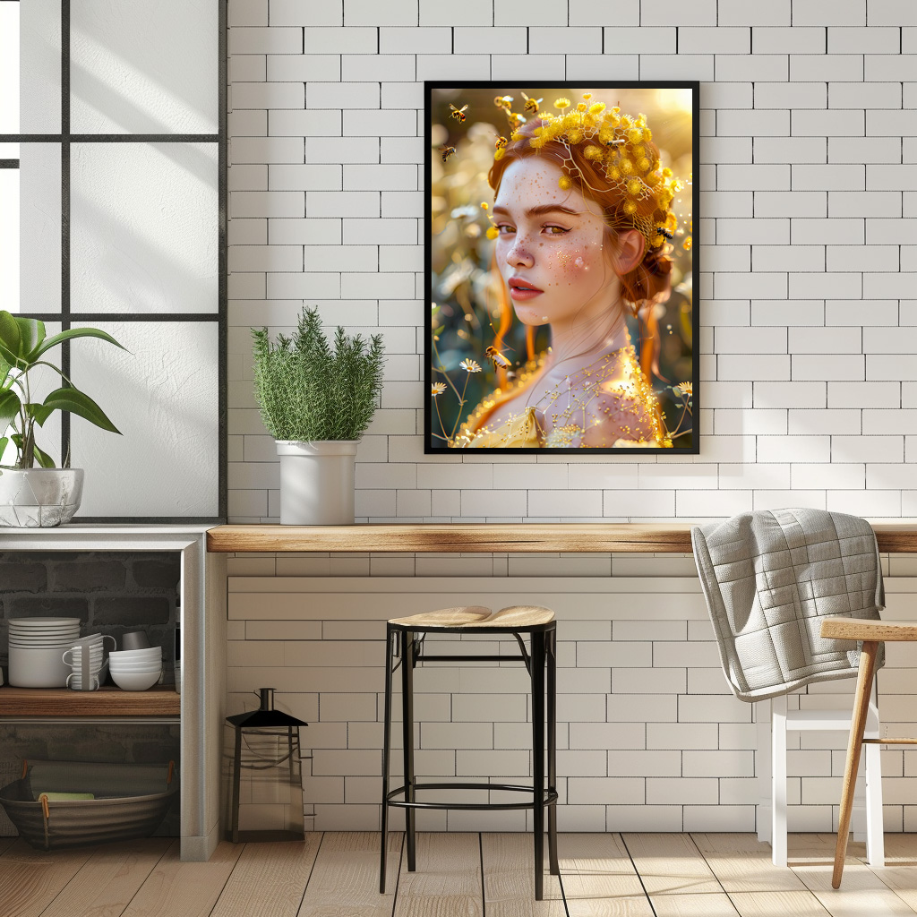 Poster: Queen Bee Woman Posing with Honeybees and Honey