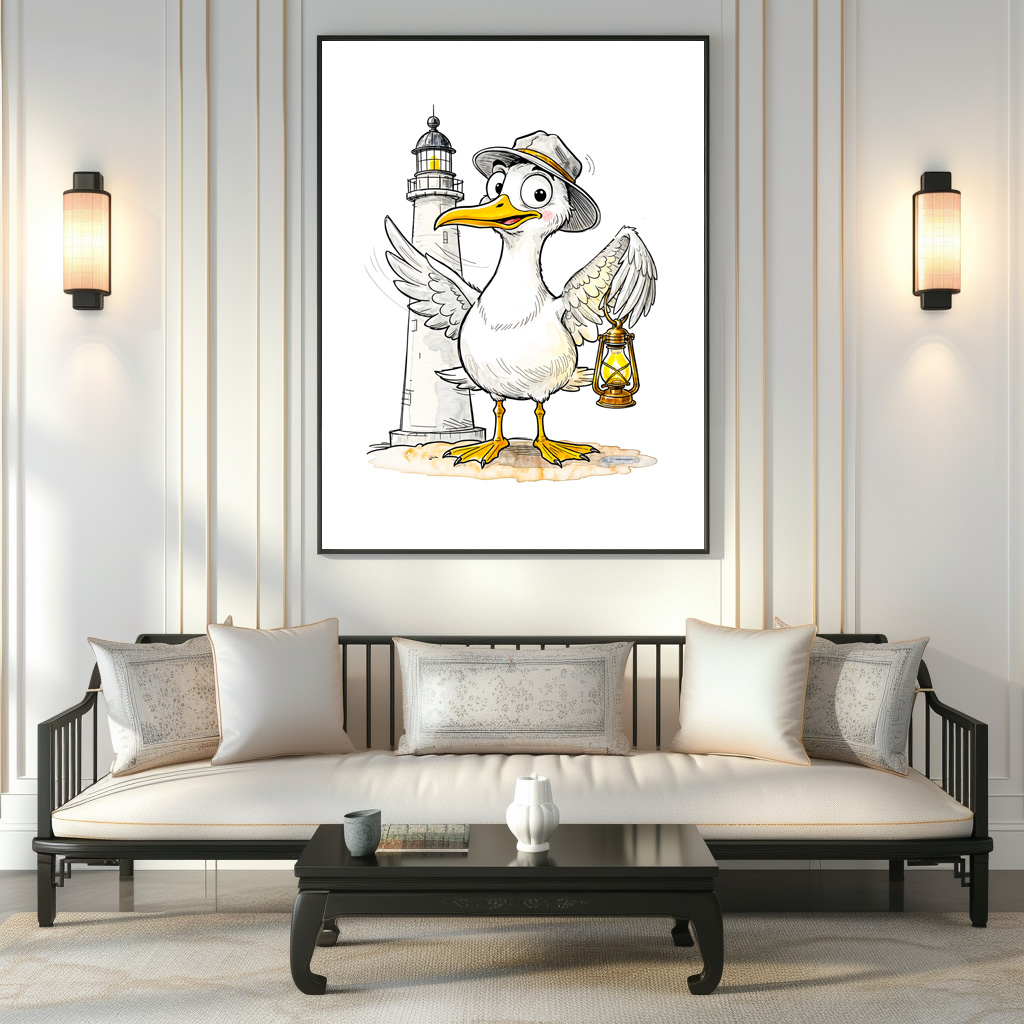 Poster: Seagull Comic Lighthouse Lantern