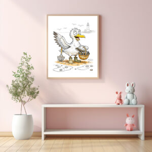 Poster: Comic Bird Collecting Shells