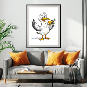 Poster: Seagull Holding Fish Sandwich at the Coast
