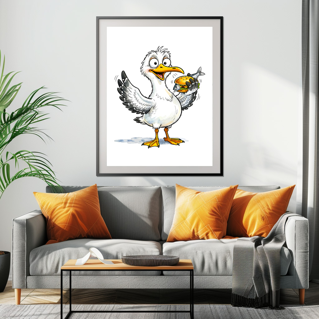 Poster: Seagull Holding Fish Sandwich at the Coast