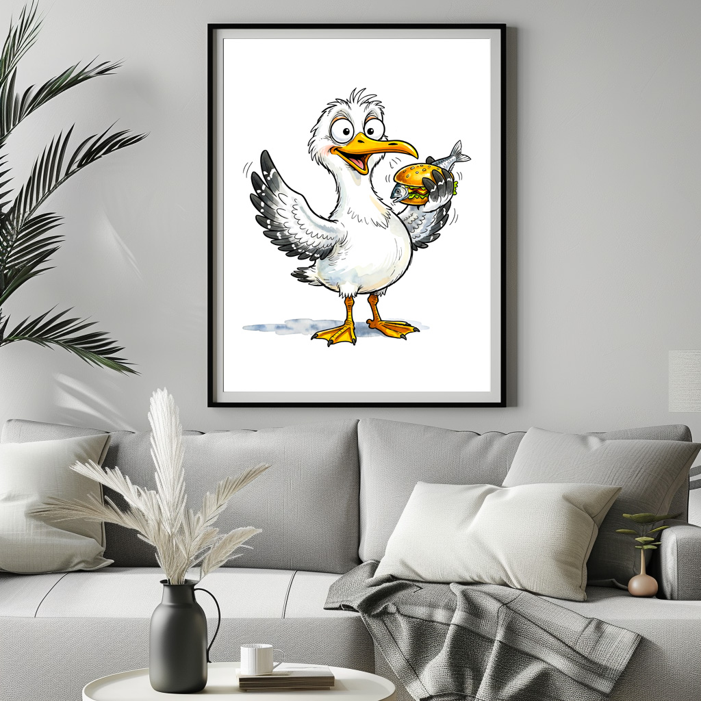Poster: Seagull Holding Fish Sandwich at the Coast - Imagen 2